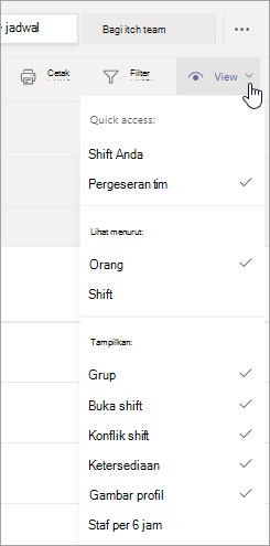 Kustomisasi tampilan jadwal di Shift menggunakan opsi pada menu Tampilan.