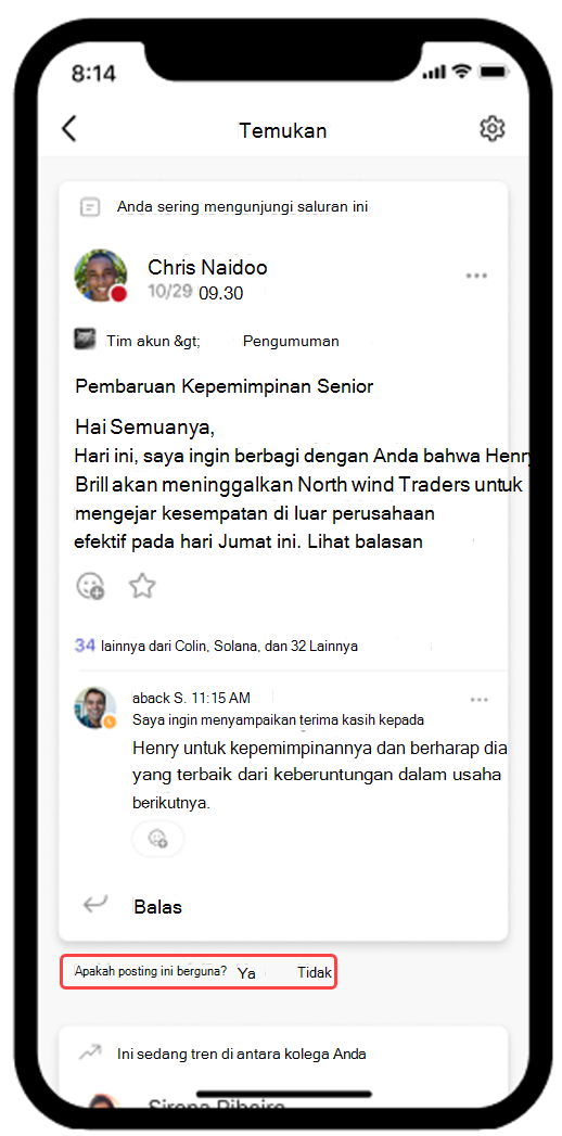 Cuplikan layar memperlihatkan umpan Penemuan Teams terbuka di perangkat seluler