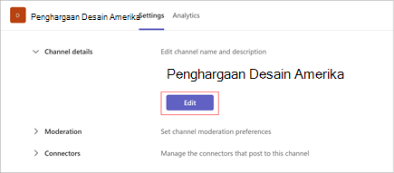 Cuplikan layar halaman pengaturan saluran American Design Awards. Pilih edit untuk memperbarui nama dan deskripsi saluran. Ini juga mencakup bagian untuk moderasi dan konektor.