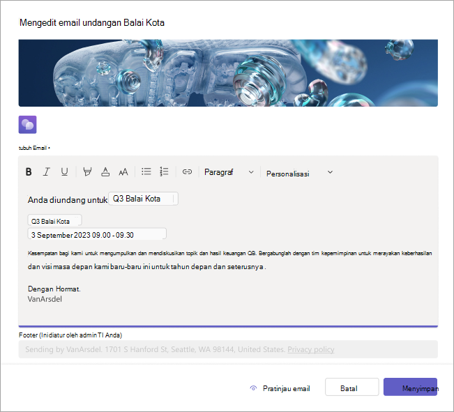 Cuplikan layar yang memperlihatkan cara mengedit undangan email pertemuan umum
