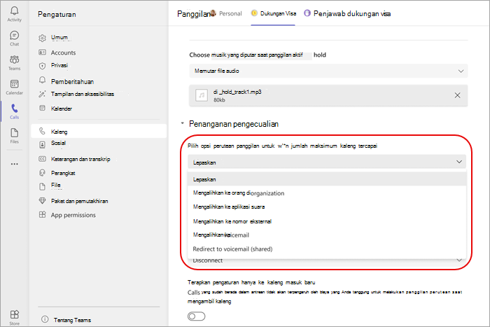 Cuplikan layar memperlihatkan opsi di menu penanganan pengecualian