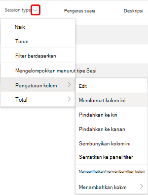 Opsi menu Format kolom ini