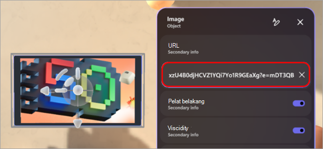 Cuplikan layar yang memperlihatkan cara menambahkan URL ke objek kustom dalam acara imersif.