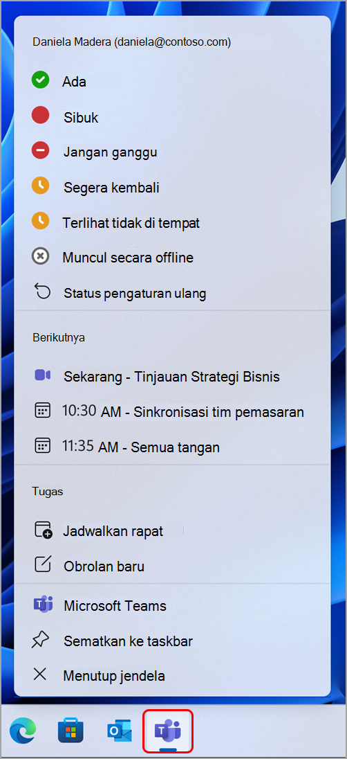 Cuplikan layar memperlihatkan tindakan yang dapat Anda lakukan di Teams melalui taskbar Windows.