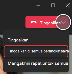 Cuplikan layar turun bawah Tinggalkan rapat di Teams untuk desktop.