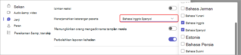 Opsi Rapat memperlihatkan cara menambahkan bahasa untuk keterangan terjemahan langsung dalam acara.