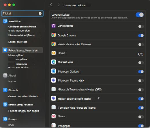 Screencap kotak dialog Pengaturan lokasi untuk MAC
