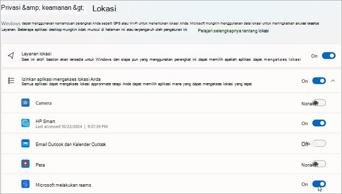 Screencap jendela pengaturan Lokasi di Windows 11