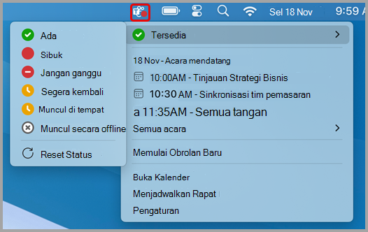 Cuplikan layar memperlihatkan menu tindakan cepat untuk Teams di Mac.