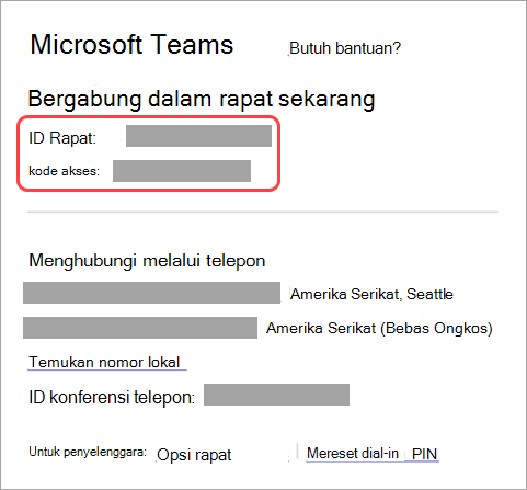 Cuplikan layar yang memperlihatkan tempat menemukan ID rapat dan kode akses pada undangan rapat.