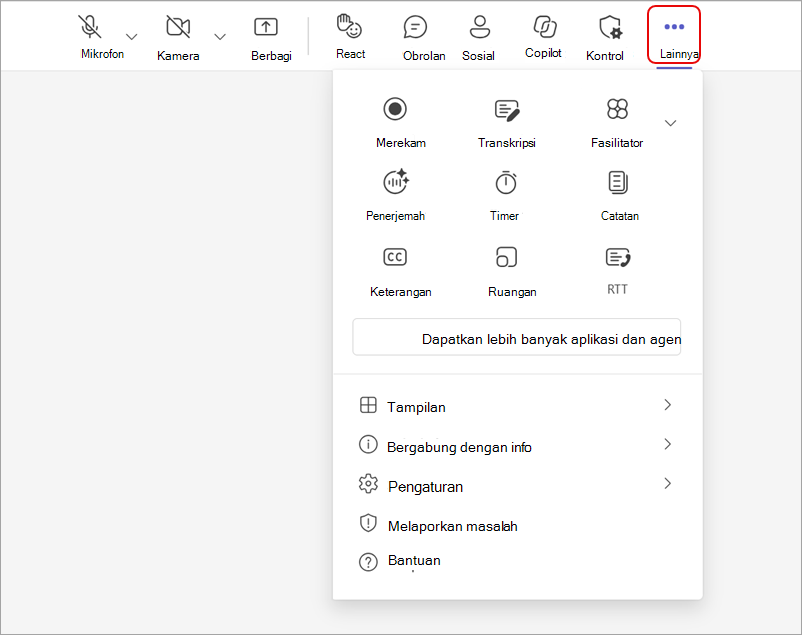 Cuplikan layar memperlihatkan menu **Tindakan lainnya** yang diperluas dalam rapat Teams