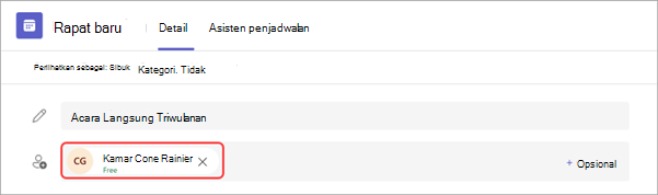 Undangan rapat Teams dengan Ruang Microsoft Teams ditambahkan sebagai peserta wajib
