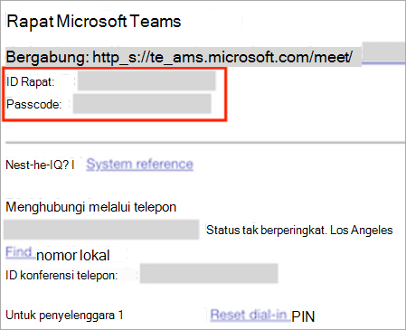 Cuplikan layar memperlihatkan undangan rapat Teams baru, menyoroti ID rapat dan kode sandi.