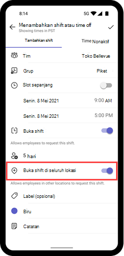 Cuplikan layar memperlihatkan tombol Buka di seluruh lokasi untuk shift di perangkat seluler.