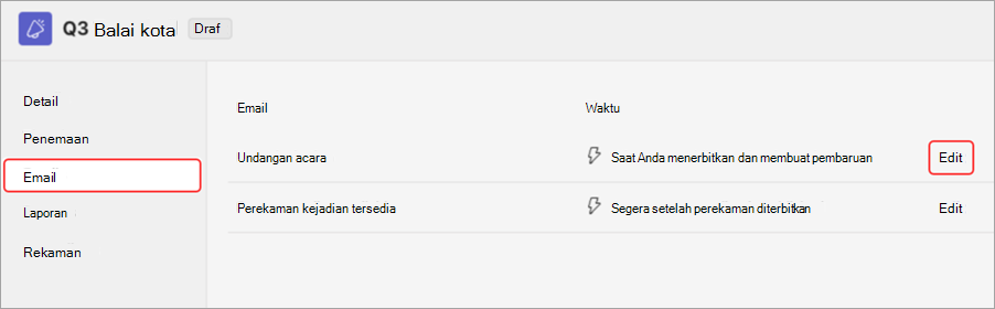 Cuplikan layar yang menyoroti UI untuk mempratinjau undangan email pertemuan umum