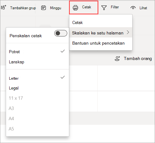 Cuplikan layar memperlihatkan opsi Cetak di Giliran Kerja untuk mencetak jadwal.
