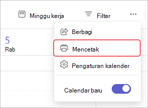 Cuplikan layar yang menyoroti opsi Cetak di kalender Teams.