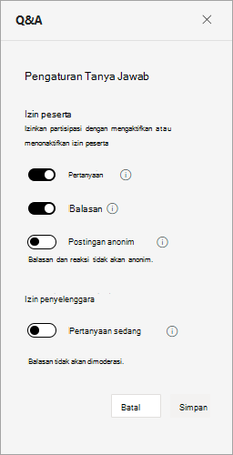 Cuplikan layar yang menampilkan pengaturan QandA selama pertemuan umum