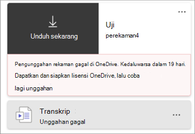 Cuplikan layar chiclet rekaman yang mengindikasikan unggahan rekaman gagal.