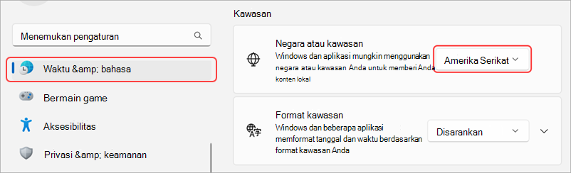 Pengaturan kawasan di perangkat Windows.