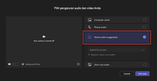Layar teams prejoin dengan opsi Audio ruang (disarankan).