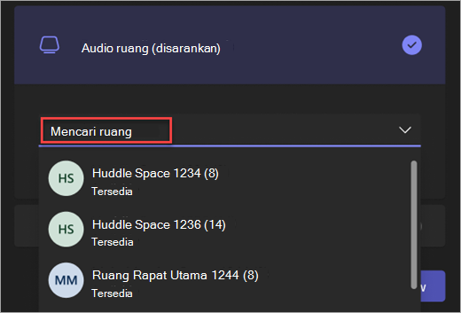 Cuplikan layar bilah pencarian untuk opsi Audio ruang di layar rapat Teams sebelumnya.
