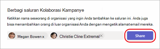Cuplikan layar yang memperlihatkan cara berbagi saluran dengan orang internal dan eksternal