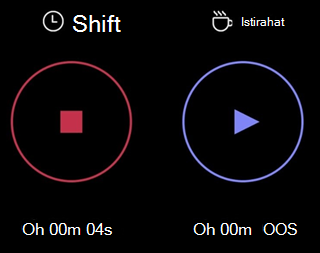 Cuplikan layar penghitung waktu shift dan break serta tombol di Shift seluler