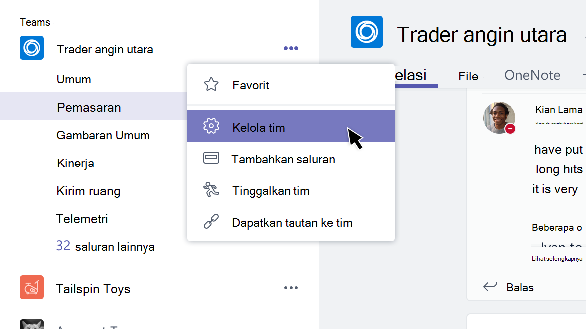Menu tim dengan Kelola tim dipilih