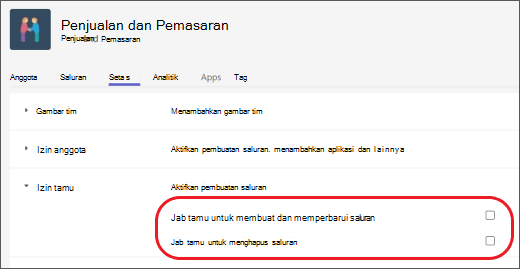 Mengatur izin tamu di Teams.