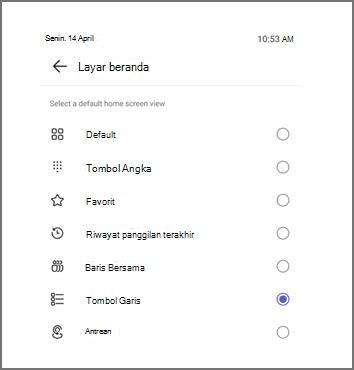 Menu untuk memilih tampilan layar beranda default, dengan Tombol Garis saat ini dipilih.