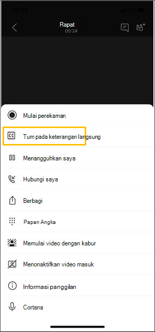 Tombol untuk mengaktifkan keterangan langsung