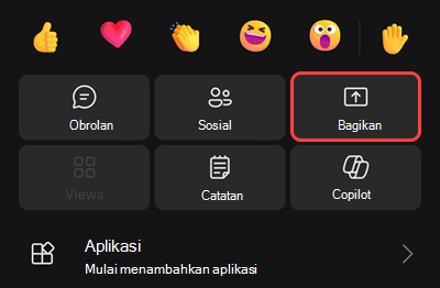 Menu dalam rapat dengan opsi untuk mulai merekam, menunda diri Anda, menelepon diri Anda sendiri, berbagi, mendapatkan dialpad, atau menonaktifkan video masuk.