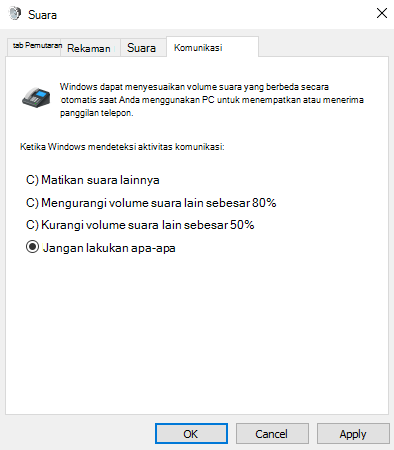 Tab Komunikasi dari Panel Kontrol Suara memiliki empat cara untuk Windows menangani suara saat Anda menggunakan PC untuk panggilan atau rapat. Tidak ada yang dipilih.