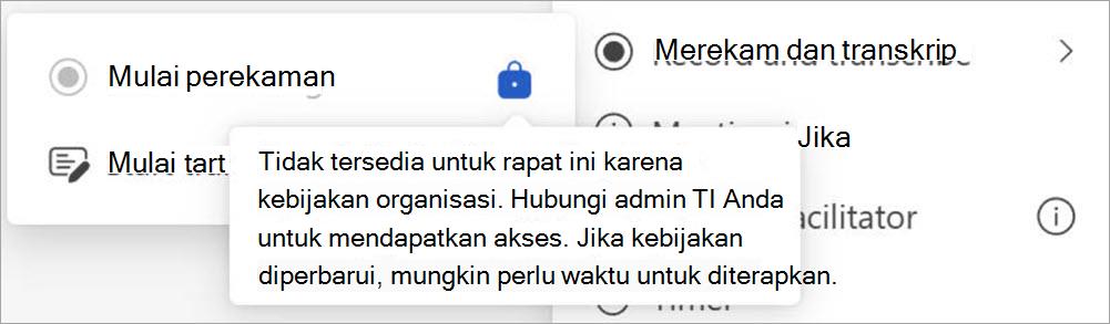 Layar dengan tombol perekaman dan transkripsi, menampilkan pop-up yang mengindikasikan bahwa hanya pengguna yang ditetapkan sebagai admin yang dapat memulai perekaman.