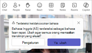 Cuplikan layar pemberitahuan Teams yang meminta untuk memperbarui bahasa lisan rapat.
