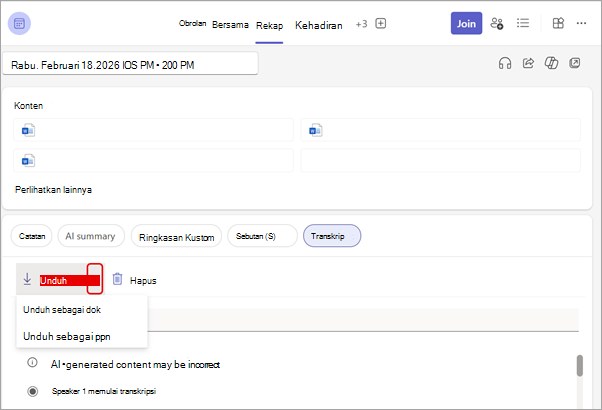 Unduh transkrip dari tab Rekap rapat Anda.