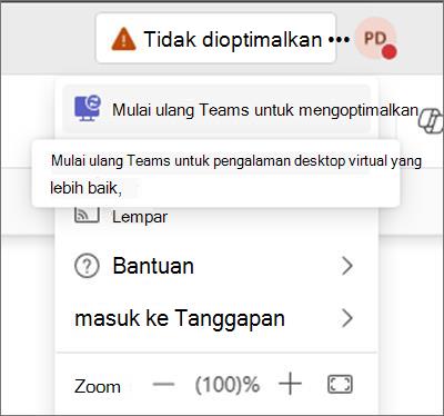 Cuplikan layar memperlihatkan pesan peringatan di bagian atas Teams yang mengatakan VDI tidak dioptimalkan