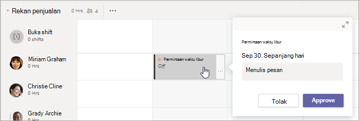 Menampilkan permintaan dari dalam shift dalam jadwal di Shifts.