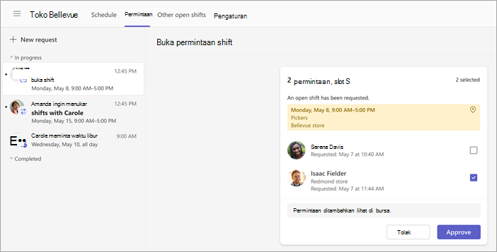 Cuplikan layar memperlihatkan cara menampilkan dan menyetujui permintaan shift terbuka.