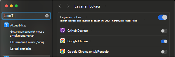 Gambar yang menampilkan jendela Keamanan dan privasi dengan mengaktifkan layanan lokasi dimunculkan.