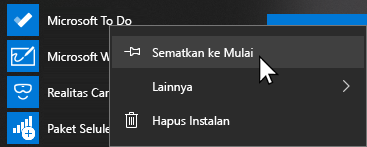 Menu konteks untuk Microsoft To Do terbuka dan Sematkan untuk memulai dipilih