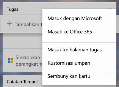 Cuplikan layar memperlihatkan opsi untuk Masuk dengan Microsoft atau Office 365 di menu lainnya Kartu tugas lainnya