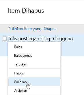 Cuplikan layar memperlihatkan menu pulihkan item yang dihapus