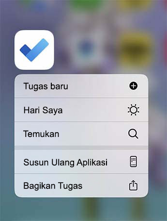 Menu Tindakan Cepat To Do terbuka dengan opsi untuk menambahkan tugas Baru, menambahkan ke Hari Saya atau Menemukan tugas