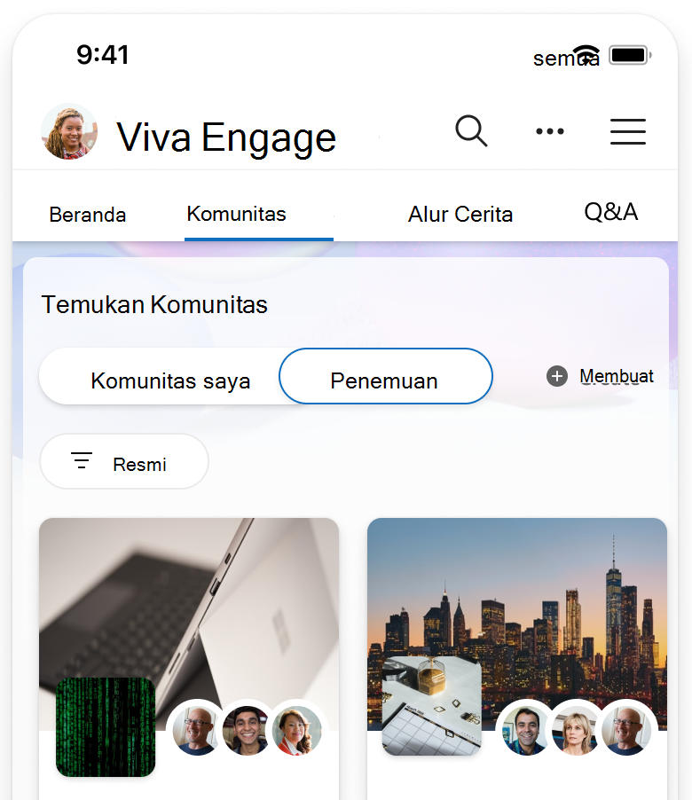 Cuplikan layar memperlihatkan halaman penemuan yang difilter untuk memperlihatkan hanya komunitas resmi