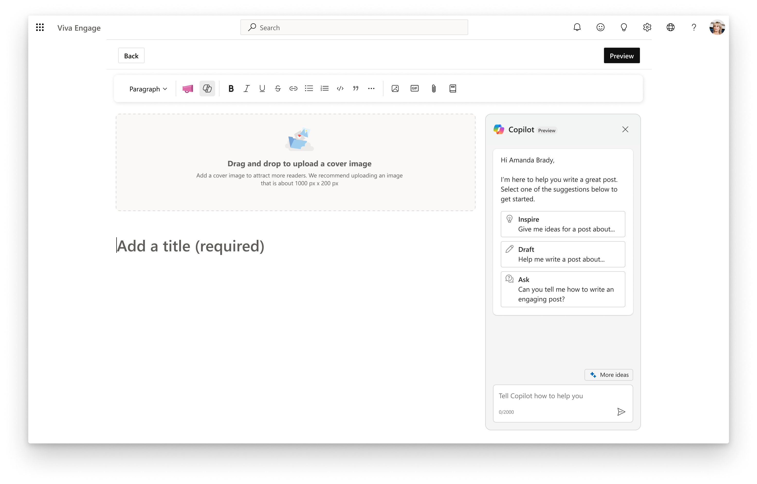 Cuplikan layar memperlihatkan cara menggunakan Copilot dalam editor artikel.
