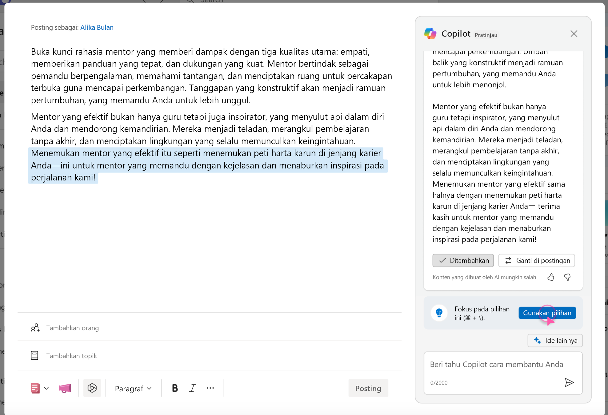 Cuplikan layar memperlihatkan cara mempersempit fokus ke teks tertentu di Copilot.