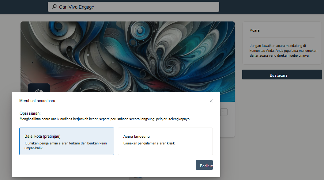 Buat acara Balai Kota baru di tab Percakapan atau Acara di Viva Engage.