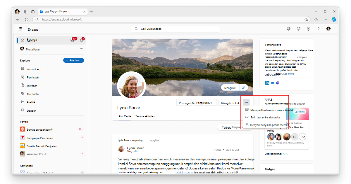 Fitur ini memungkinkan menyembunyikan pengguna di halaman profil mereka. Ini tidak memengaruhi cara mereka dapat memposting dan bekerja dengan Engage.